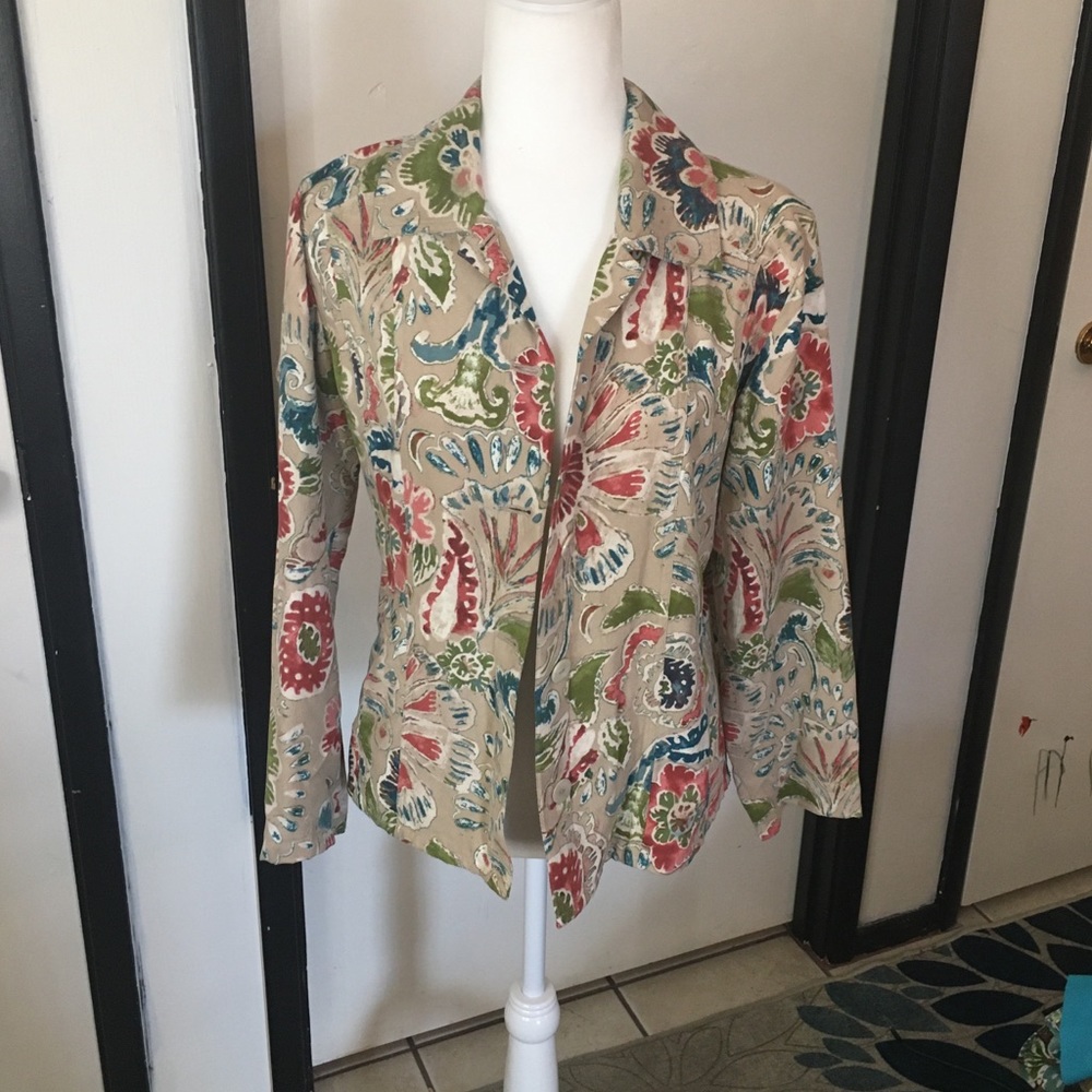 Tan with colored flowers button Chico’s jacket
